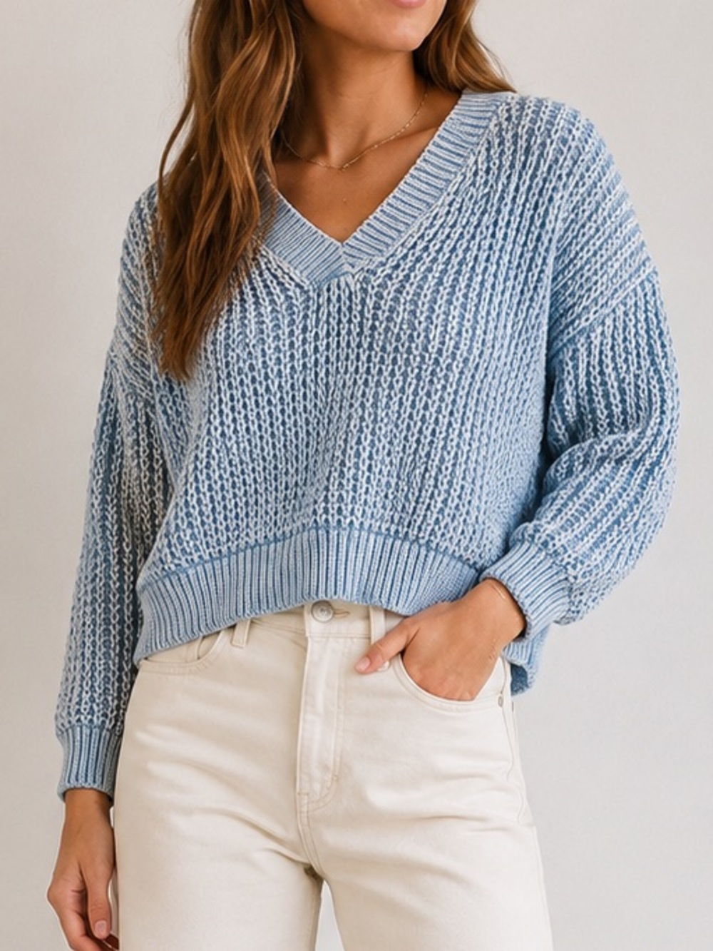 Haute Hippie Cropped Acid Wash Chunky Knit V Neck Sweater SZ M 100% Cotton blue